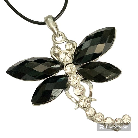 Vtg Dragonfly Necklace Pendant Insect Black Crystal Silver Plated Black Cord 18" - Picture 2 of 10
